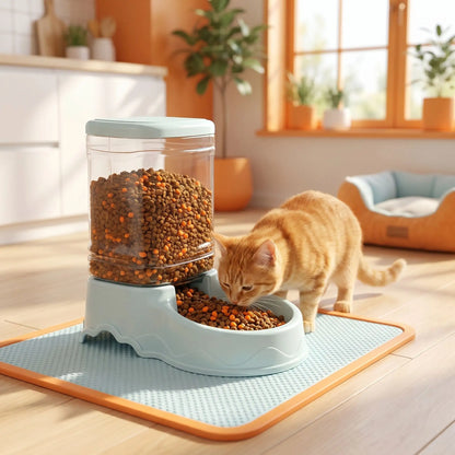 chat roux mange dans distributeur croquettes chat bleu
