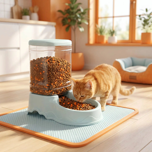 chat roux mange dans distributeur croquettes chat bleu