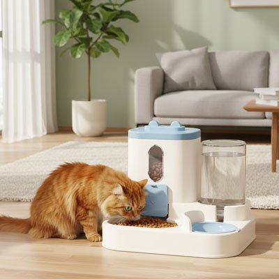 chat roux mange dans distributeur croquettes eau chat bleu