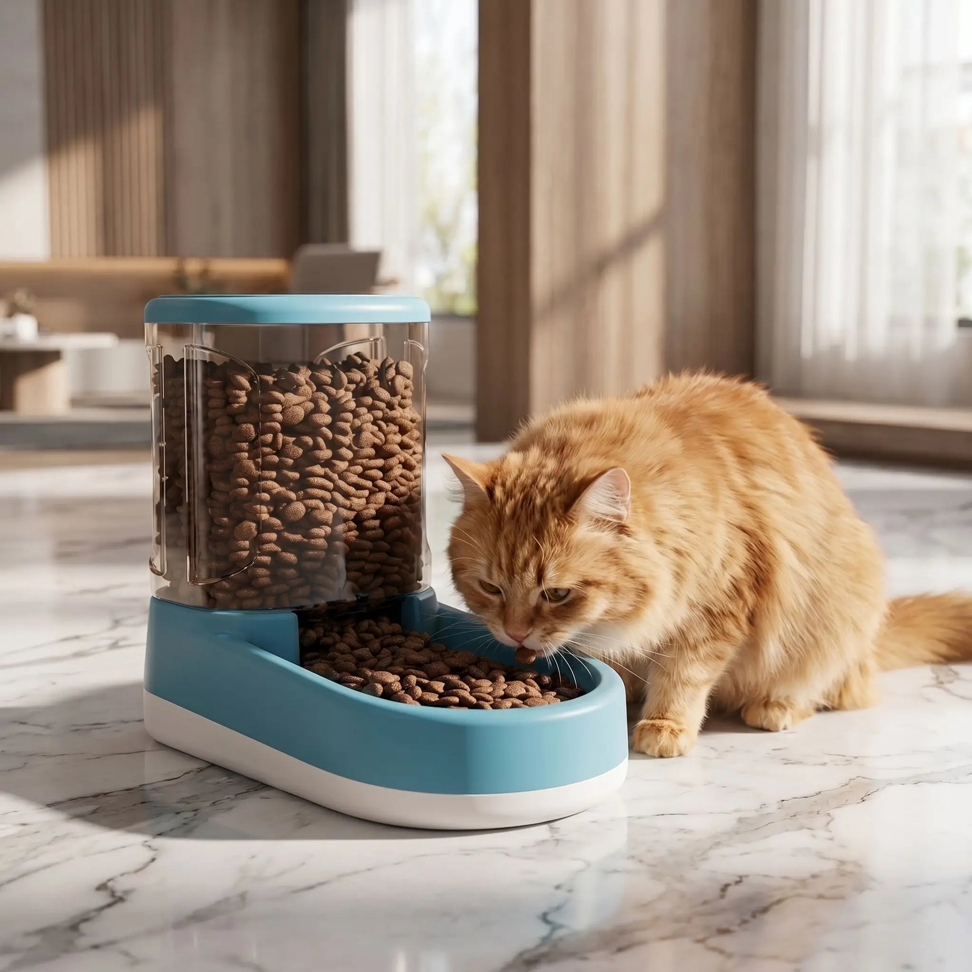 chat roux mange dans distributeur croquettes pour chat bleu
