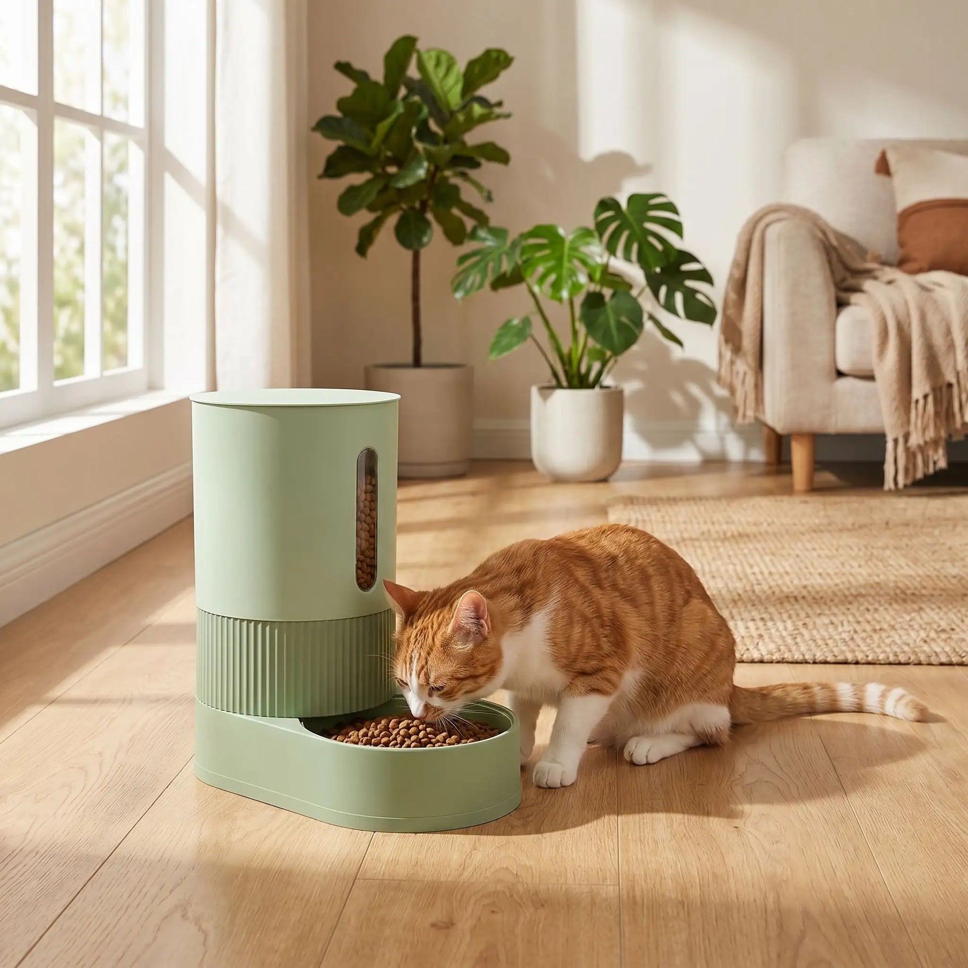 chat roux mange dans distributeur de croquettes pour chat