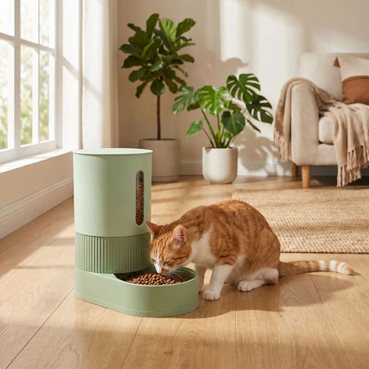 chat roux mange dans distributeur de croquettes pour chat