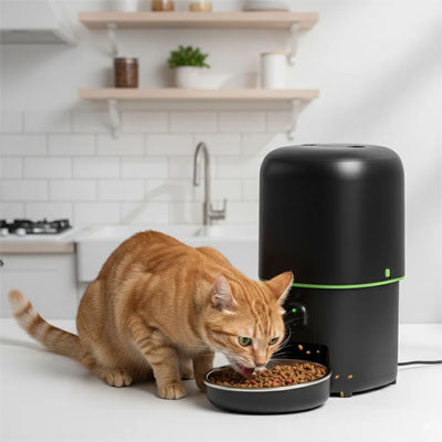 chat roux mangeant dans distributeur de croquettes automatique