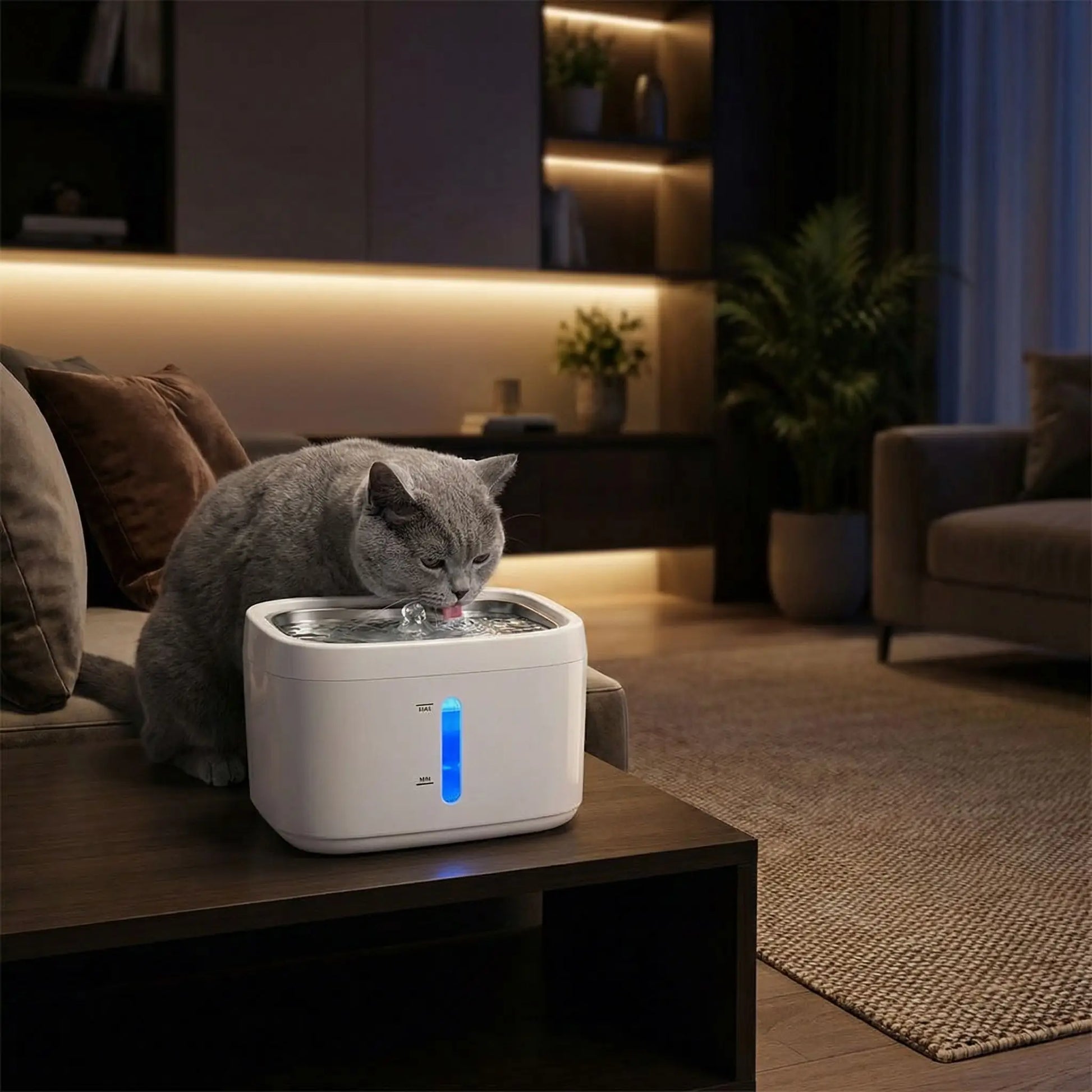 chat shorthair boit dans fontaine a chat
