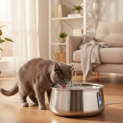 chat shorthair boit dans fontaine a eau chat acier