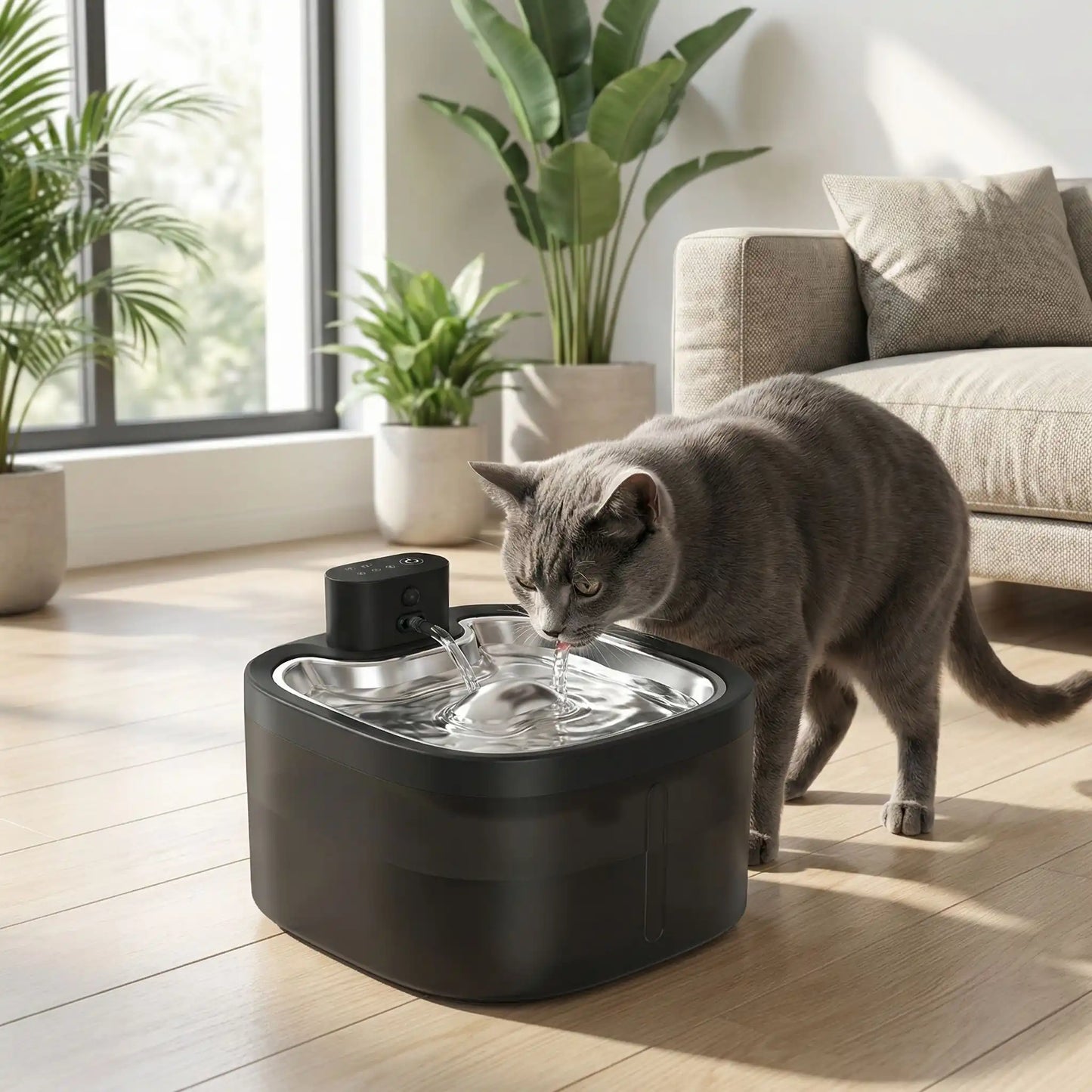 chat shorthair boit dans fontaine eau chat noire
