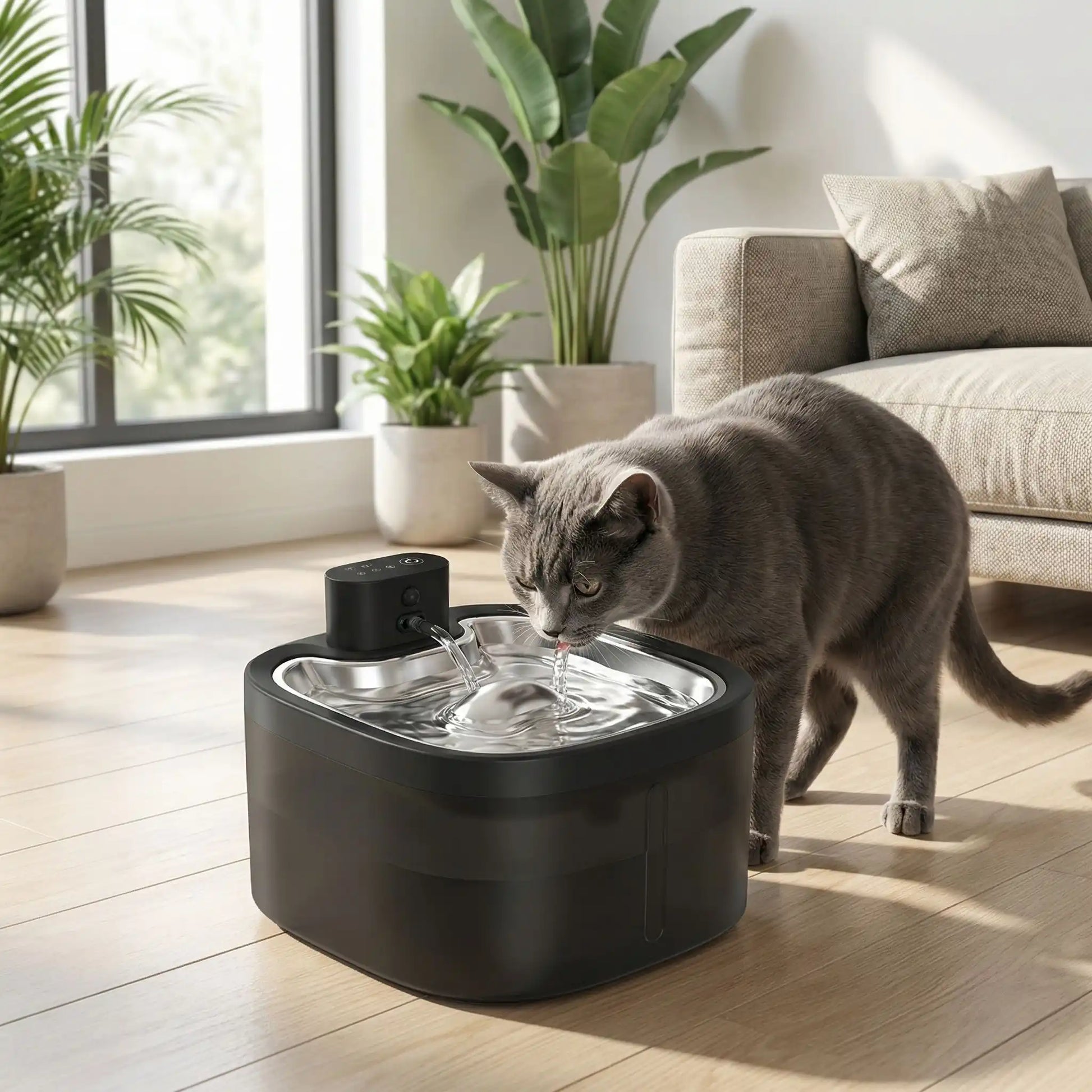 chat shorthair boit dans fontaine eau chat noire
