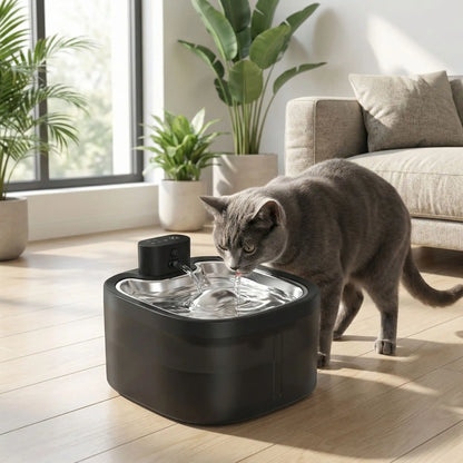 chat shorthair boit dans fontaine eau chat noire