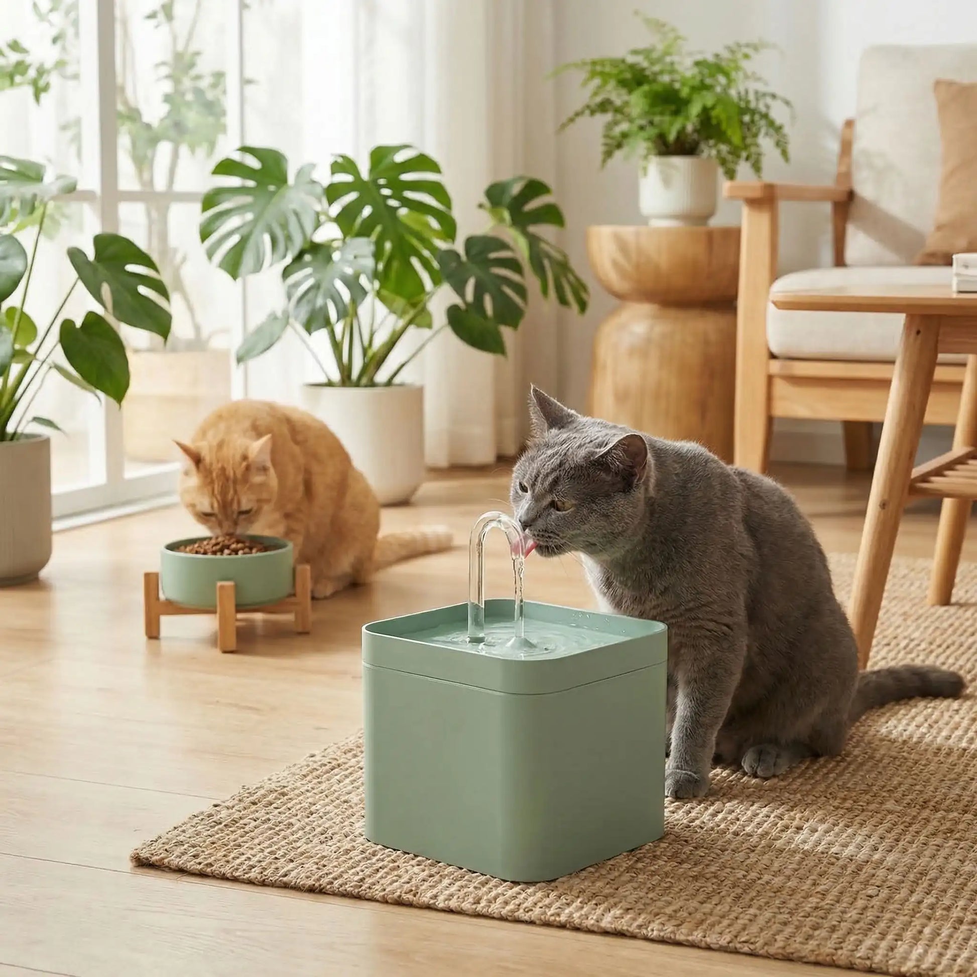 chat shorthair boit dans fontaine eau pour chat