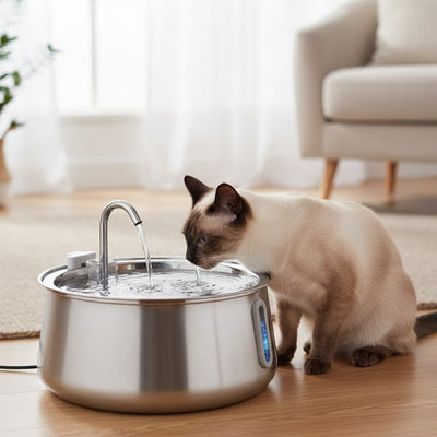 chat siamois boit dans fontaine a eau chat acier