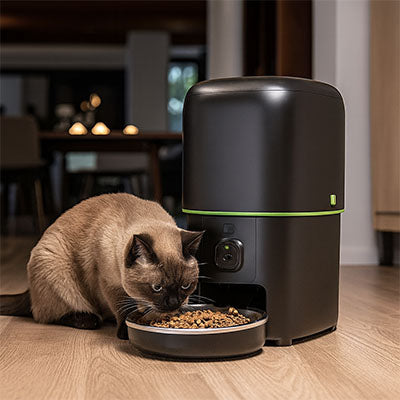 chat siamois mange dans distributeur de croquettes automatique noir