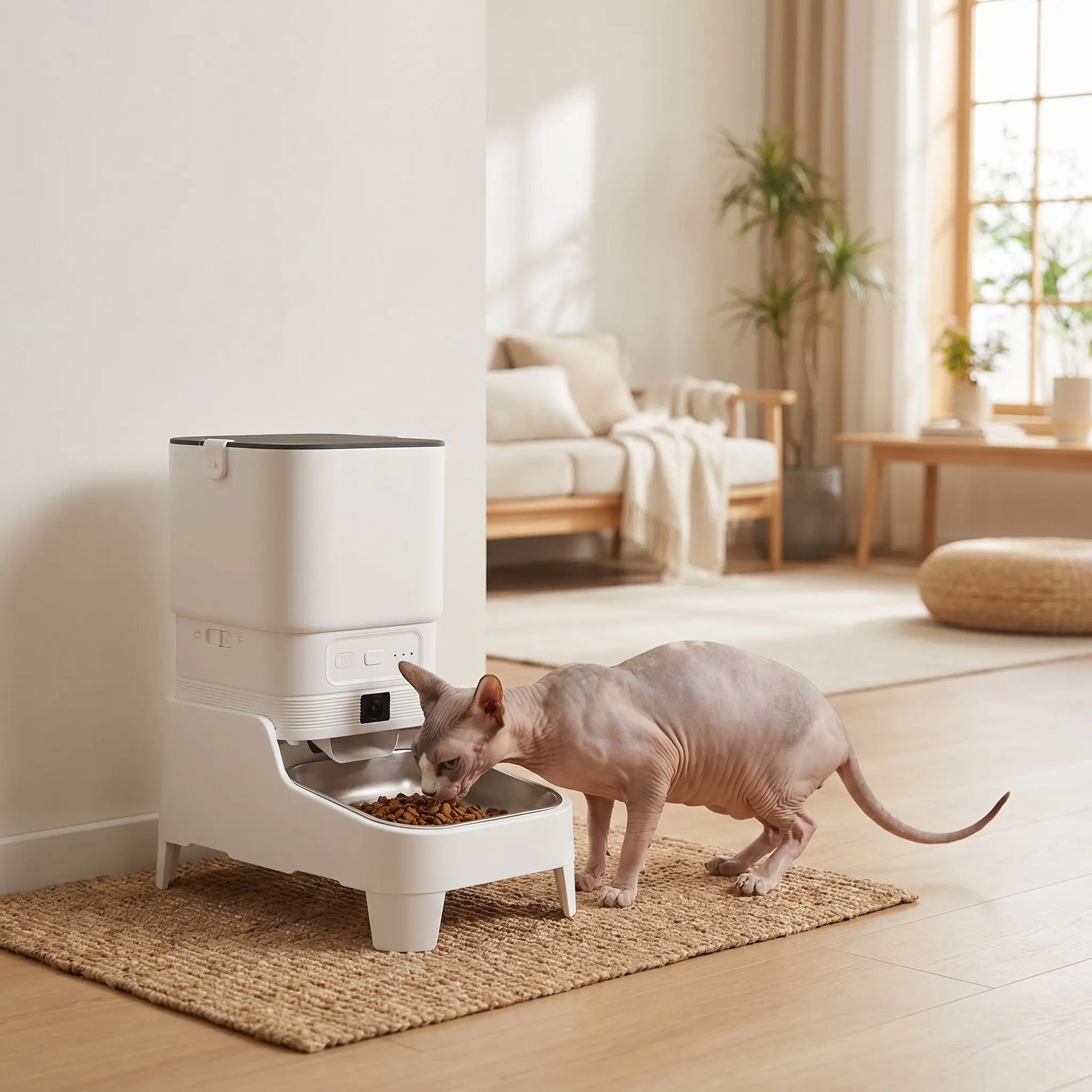 chat sphynx mange dans distributeur automatique croquettes chat