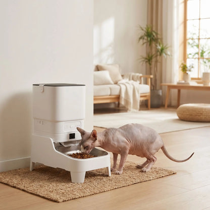 chat sphynx mange dans distributeur automatique croquettes chat