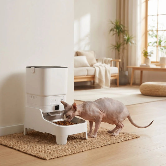 chat sphynx mange dans distributeur automatique croquettes chat