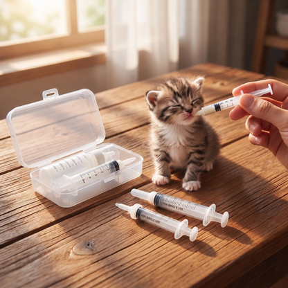 chaton biberon dans kit sur table chaton nourri avec pipette