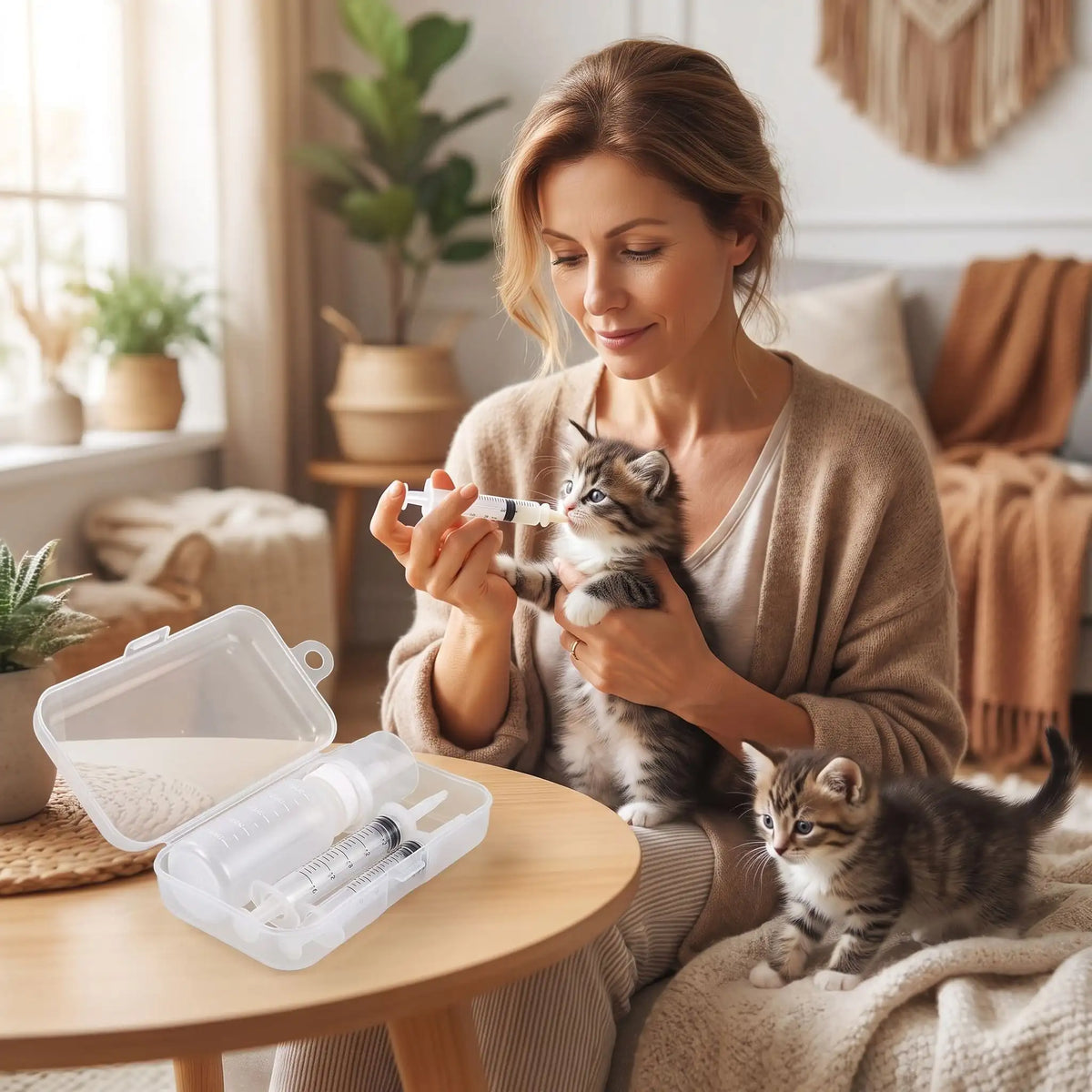 chaton biberon sur table salon femme nourrissant chaton