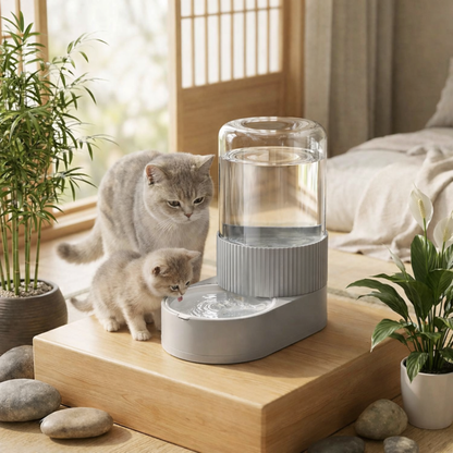 chat boit dans distributeur d'eau pour chat vert dans salon
