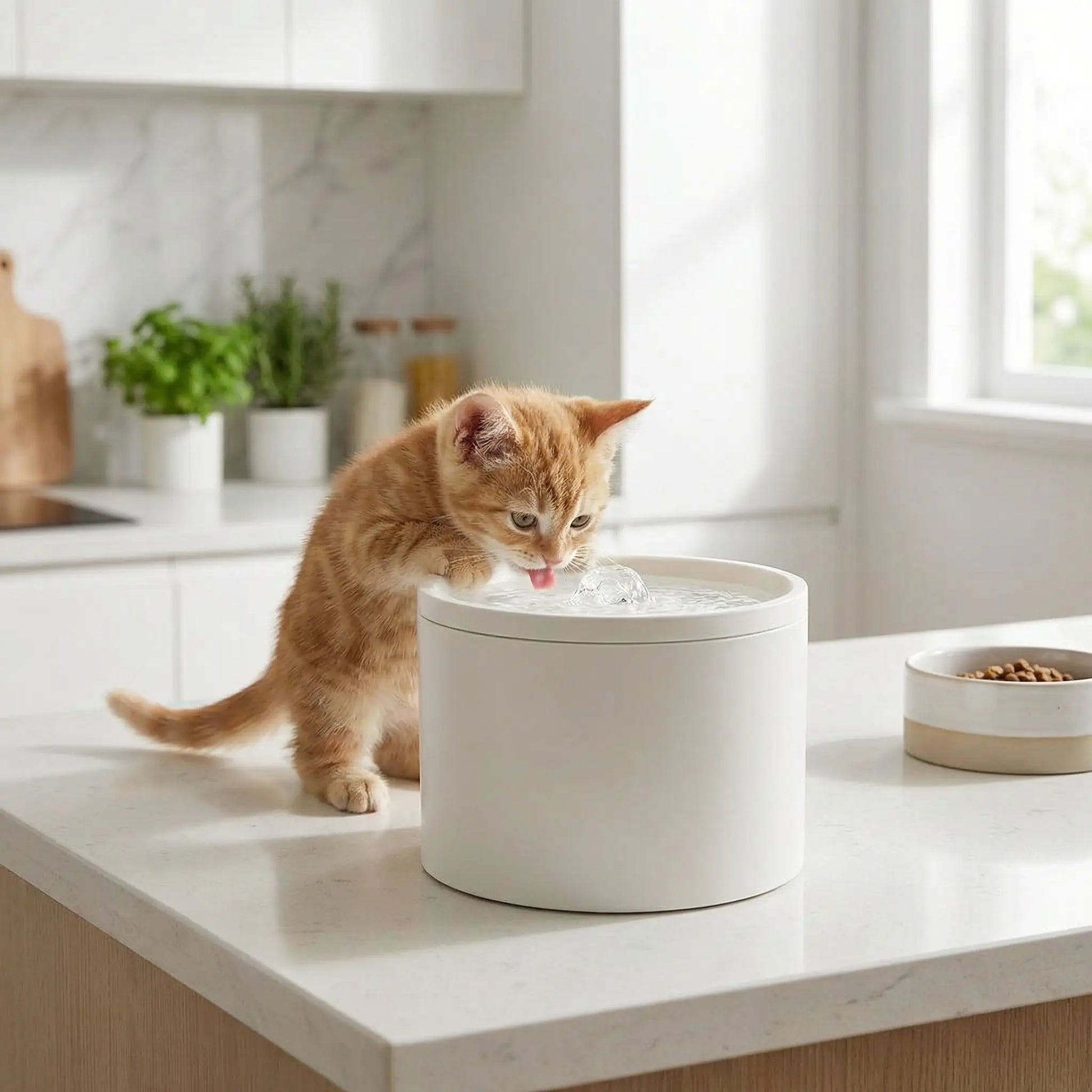 chaton buvant dans fontaine a eau pour chat ceramique blanche