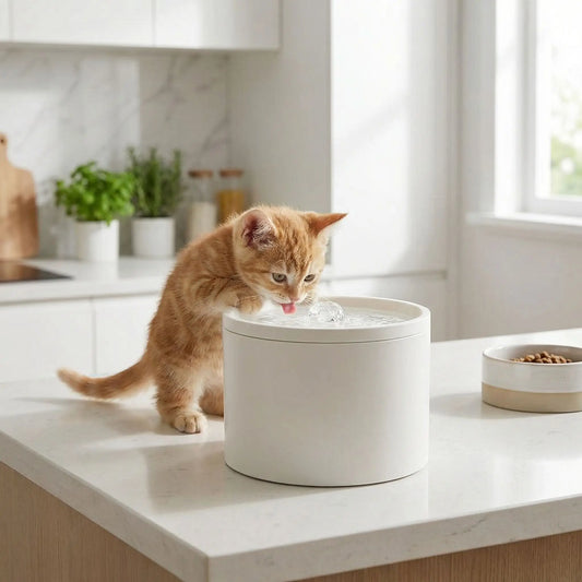 chaton buvant dans fontaine a eau pour chat ceramique blanche