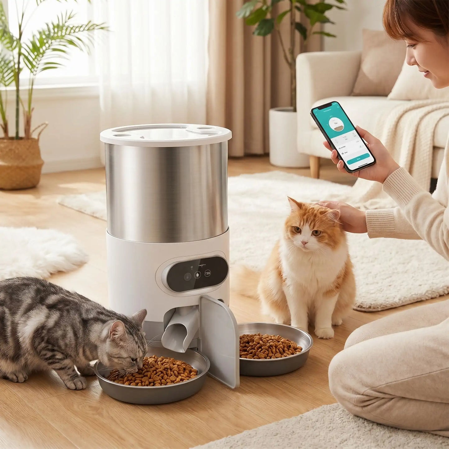 chats avec proprietaire programmant distributeur croquettes chat automatique