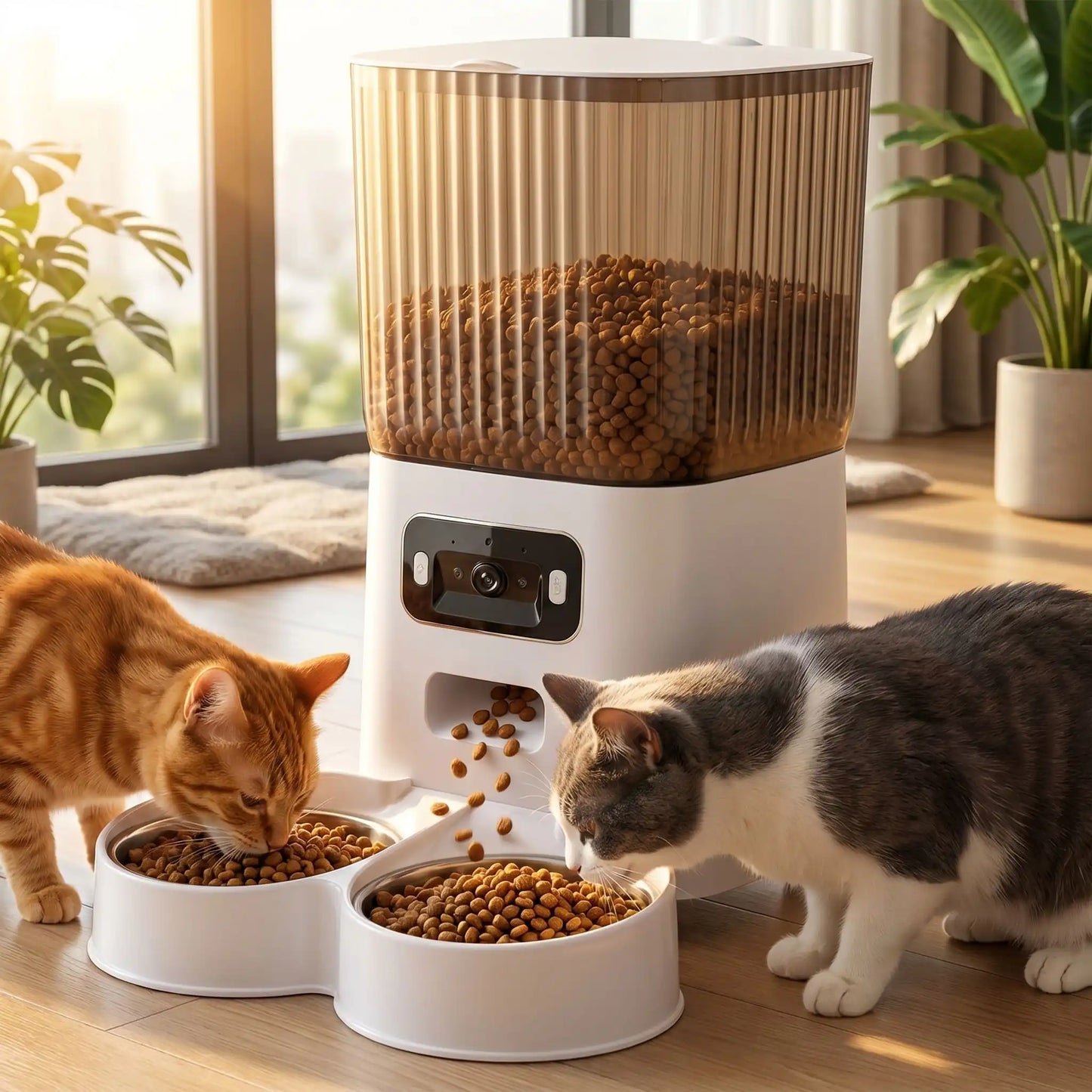 chats mangeant dans distributeur automatique de croquettes chat double gamelle
