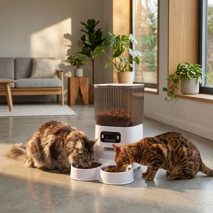 chats mangeant dans distributeur automatique de croquettes chat 