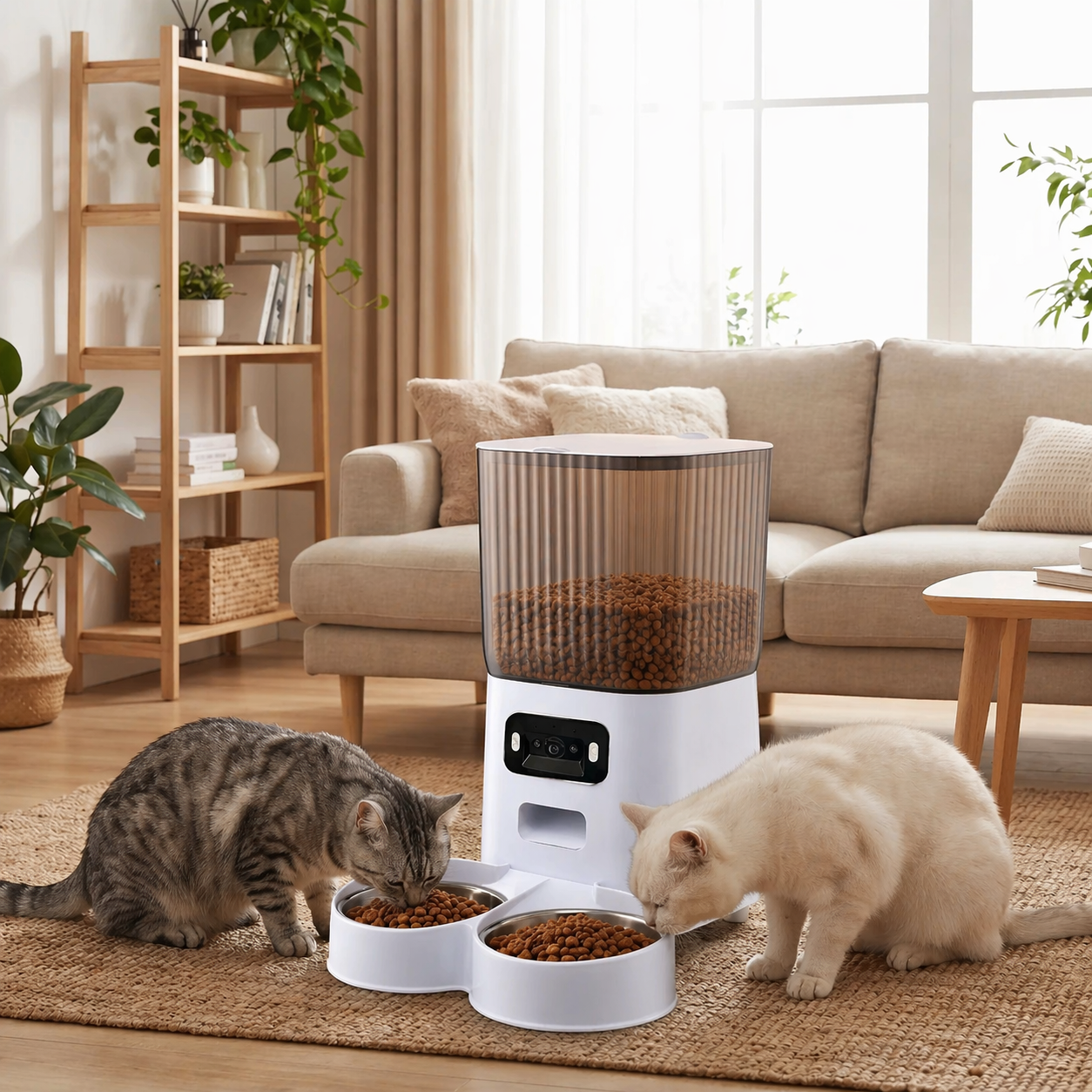 chats mangent dans distributeur automatique de croquettes chat double gamelles