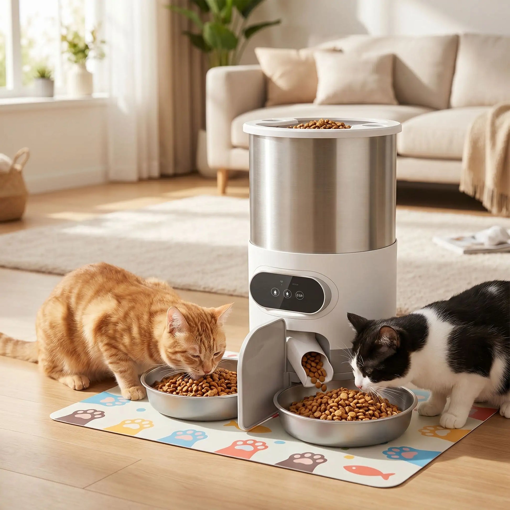 chats mangent dans distributeur croquettes chat automatique double bol