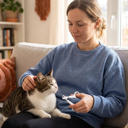 Coupe griffe chat bleu chat avec femme pendant coupe