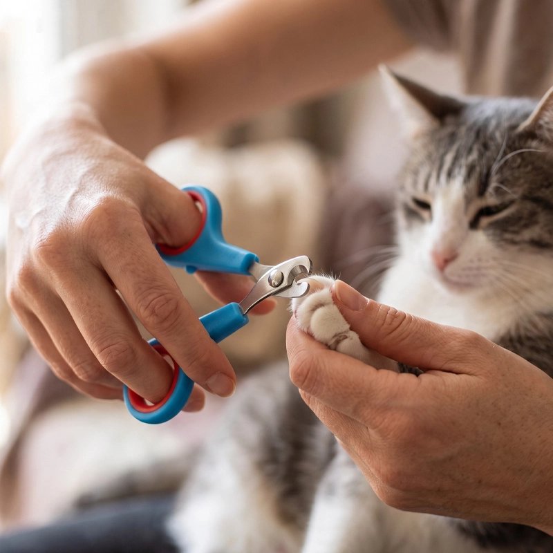 Coupe griffe chat bleu chat gris pendant la coupe