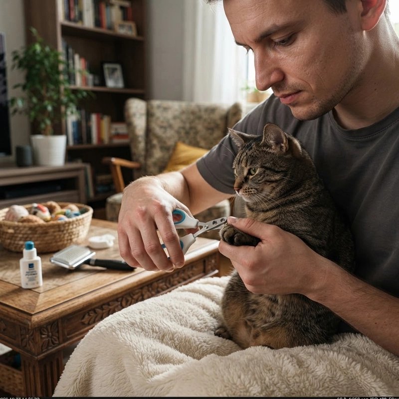 Coupe griffe pour chat blanc bleu homme avec chat