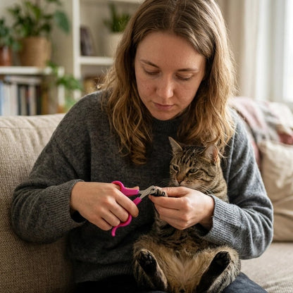 Coupe ongle pour chat rose chat assis genoux femme