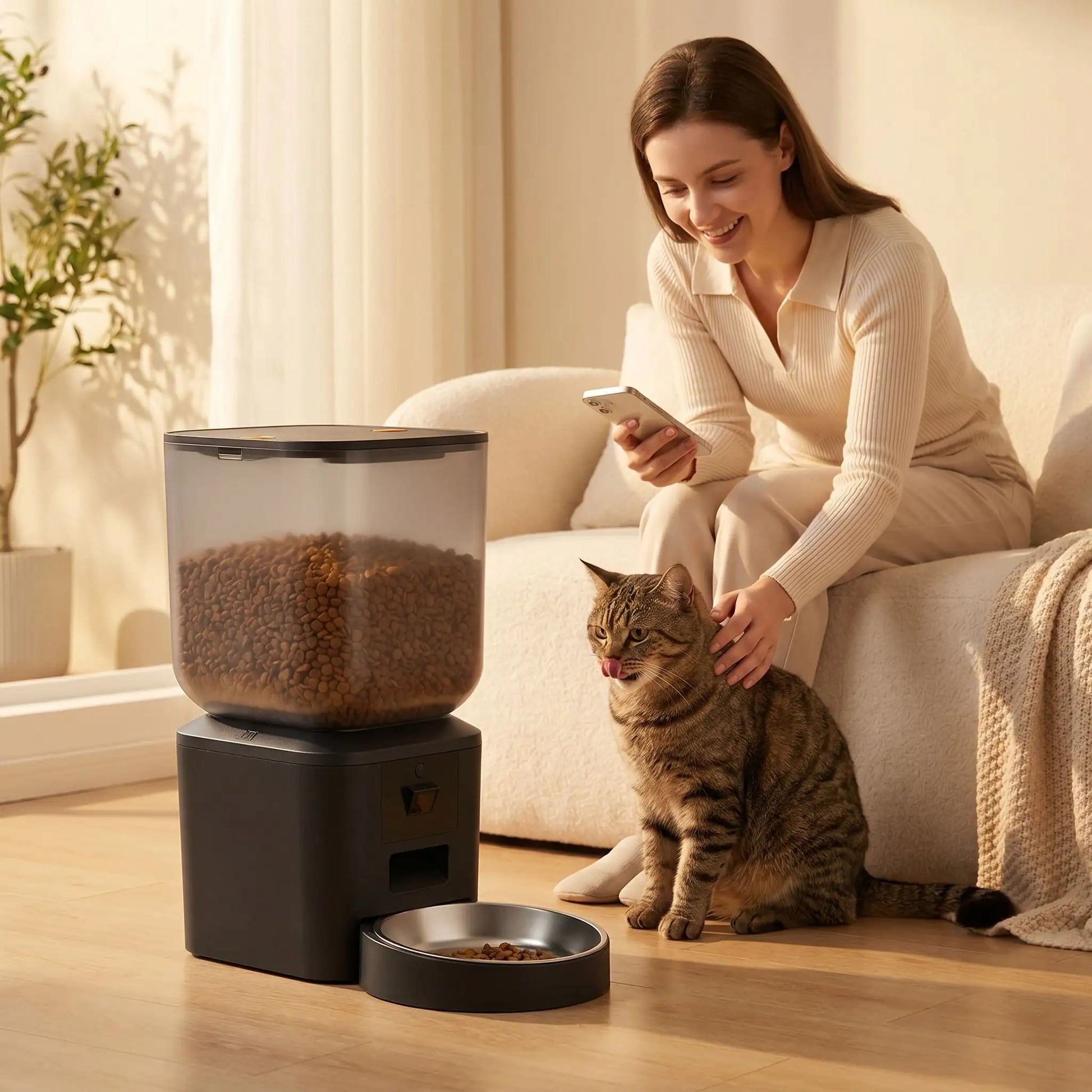 dame avec caresse chat devant distributeur croquette chat automatique