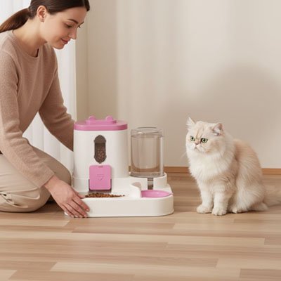 dame avec son chat posant distributeur croquettes eau chat rose