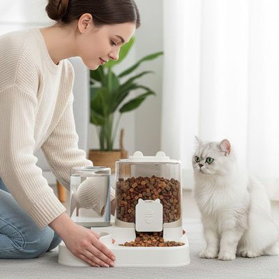 dame posant distributeur croquettes eau chat devant son persan