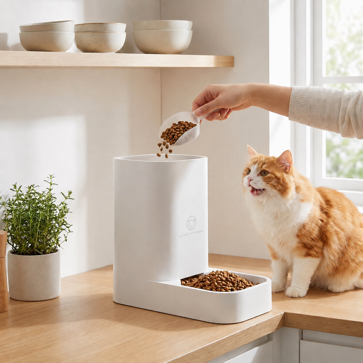 dame remplissant distributeur de croquettes chat avec chat miaulant