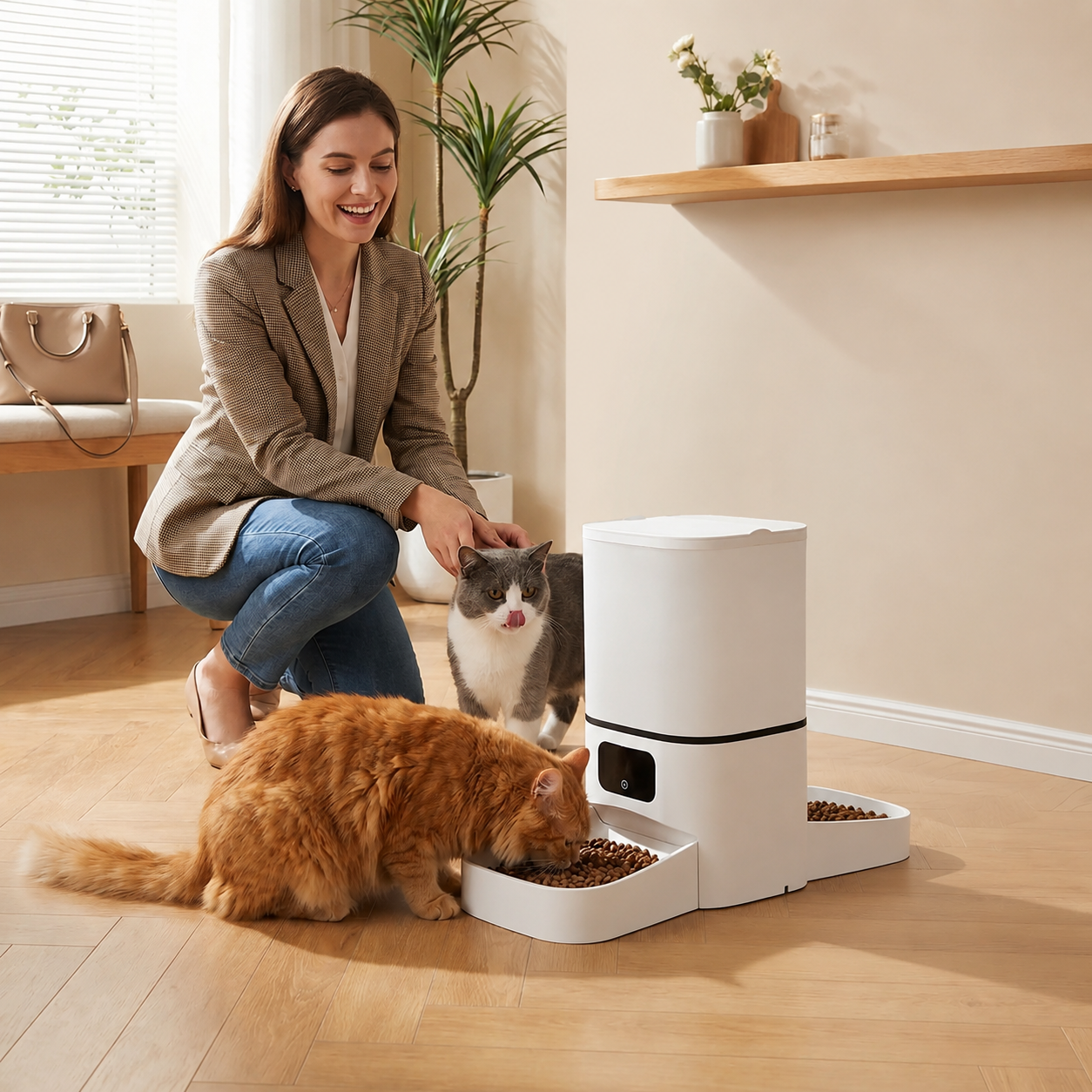 dame retrouvant ses chats mangeant dans distributeur automatique croquettes chat