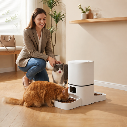 dame retrouvant ses chats mangeant dans distributeur automatique croquettes chat