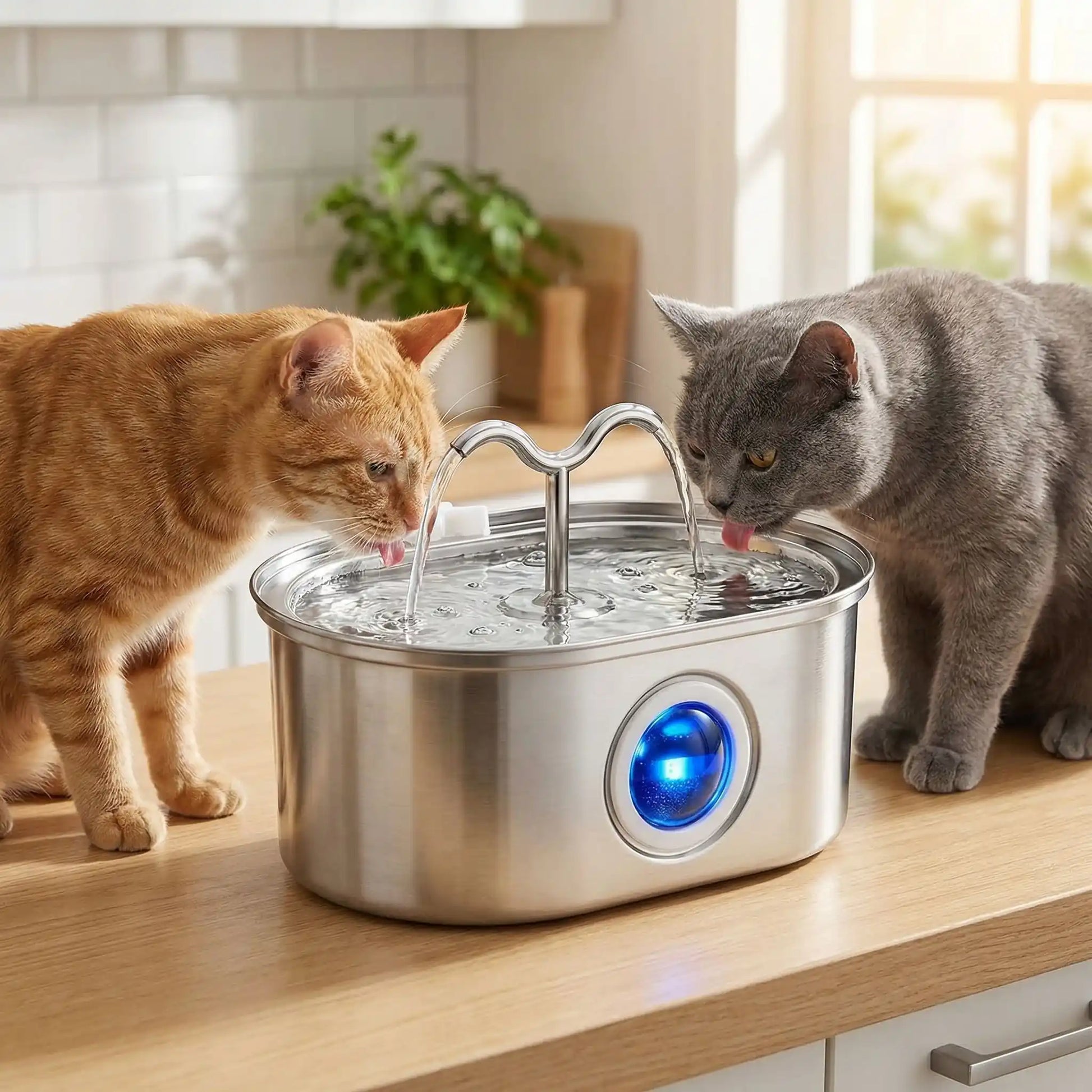 deux buvant dans fontaine a eau chat inox dans cuisine