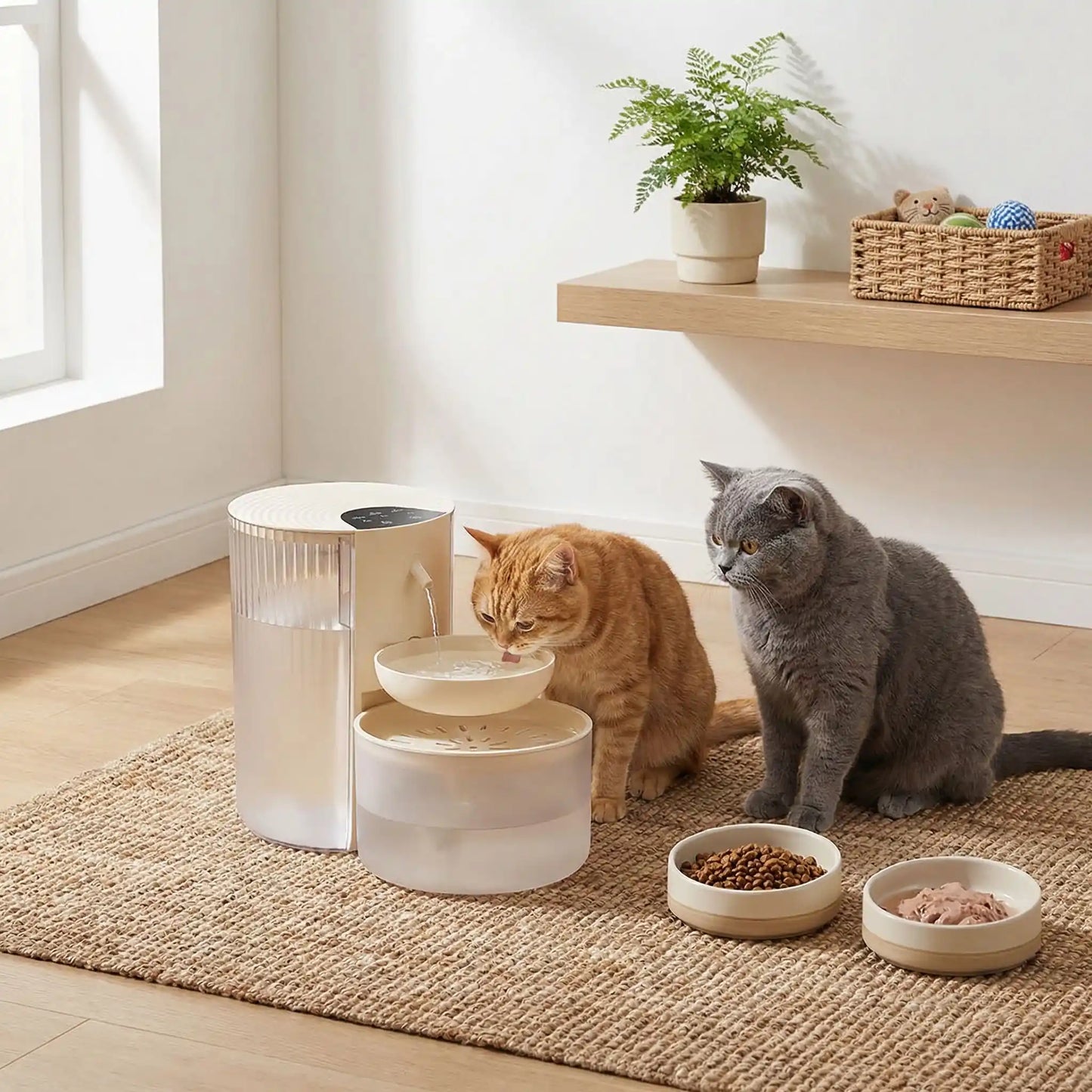deux chat avec distributeur eau pour chat blanc