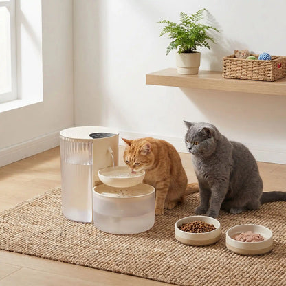 deux chat avec distributeur eau pour chat blanc