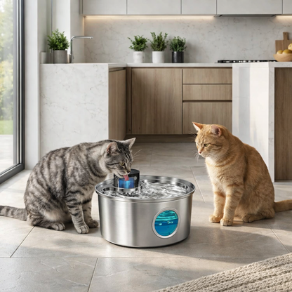 deux chats autour de fontaine a eau chat inox intelligente