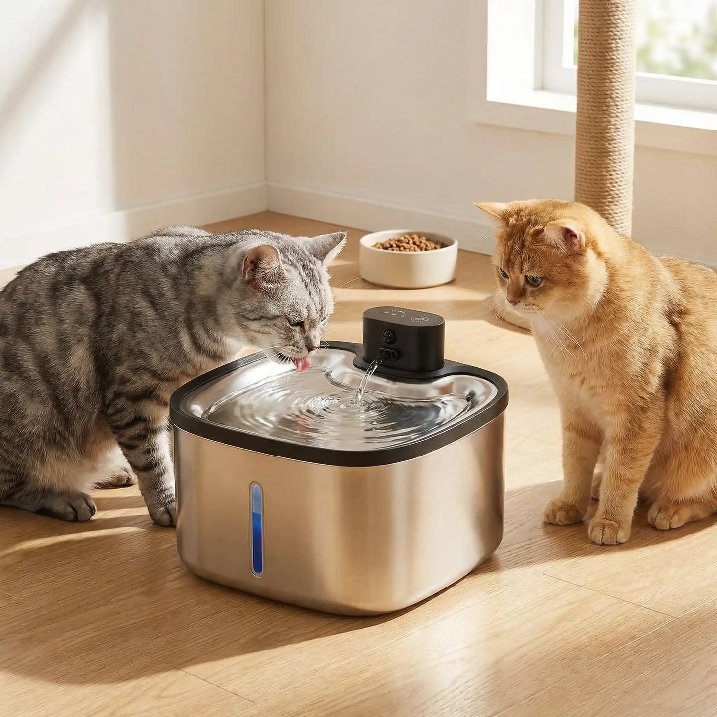 deux chats autour de fontaine a eau chat sans fil