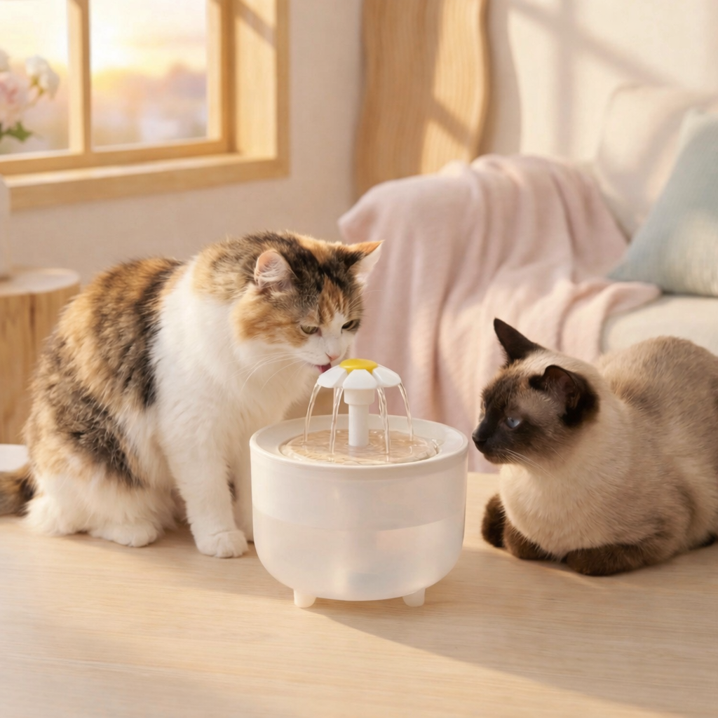deux chats autour de fontaine eau chat blanche beige