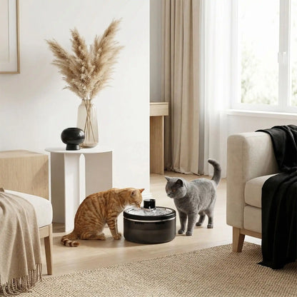 deux chats autour de fontaine eau chat sans fil