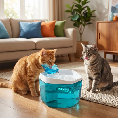 deux chats autours de fontaine eau pour chat bleue