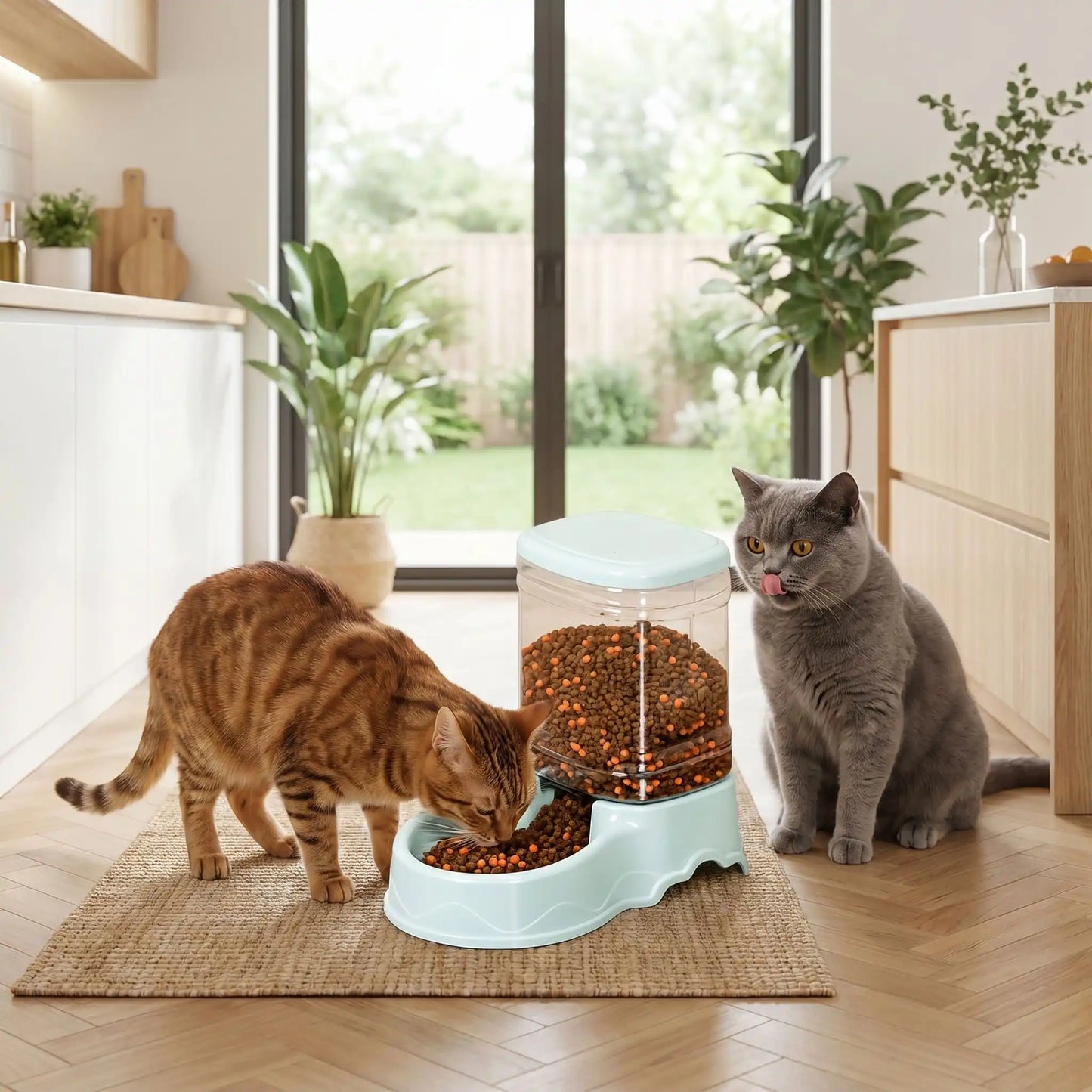 deux chats avec distributeur croquettes chat bleu dans cuisine