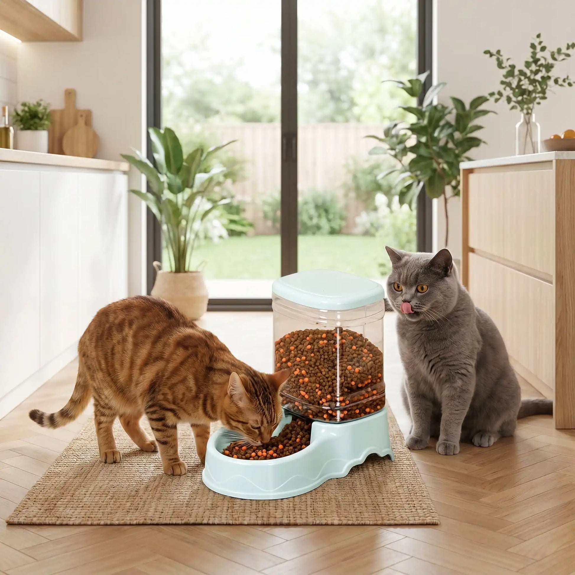 deux chats avec distributeur croquettes chat bleu dans cuisine