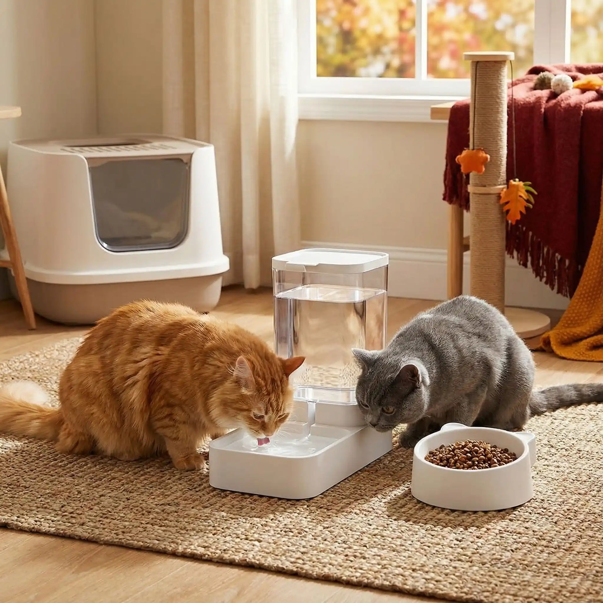 deux chats buvant dans distributeur à eau pour chat