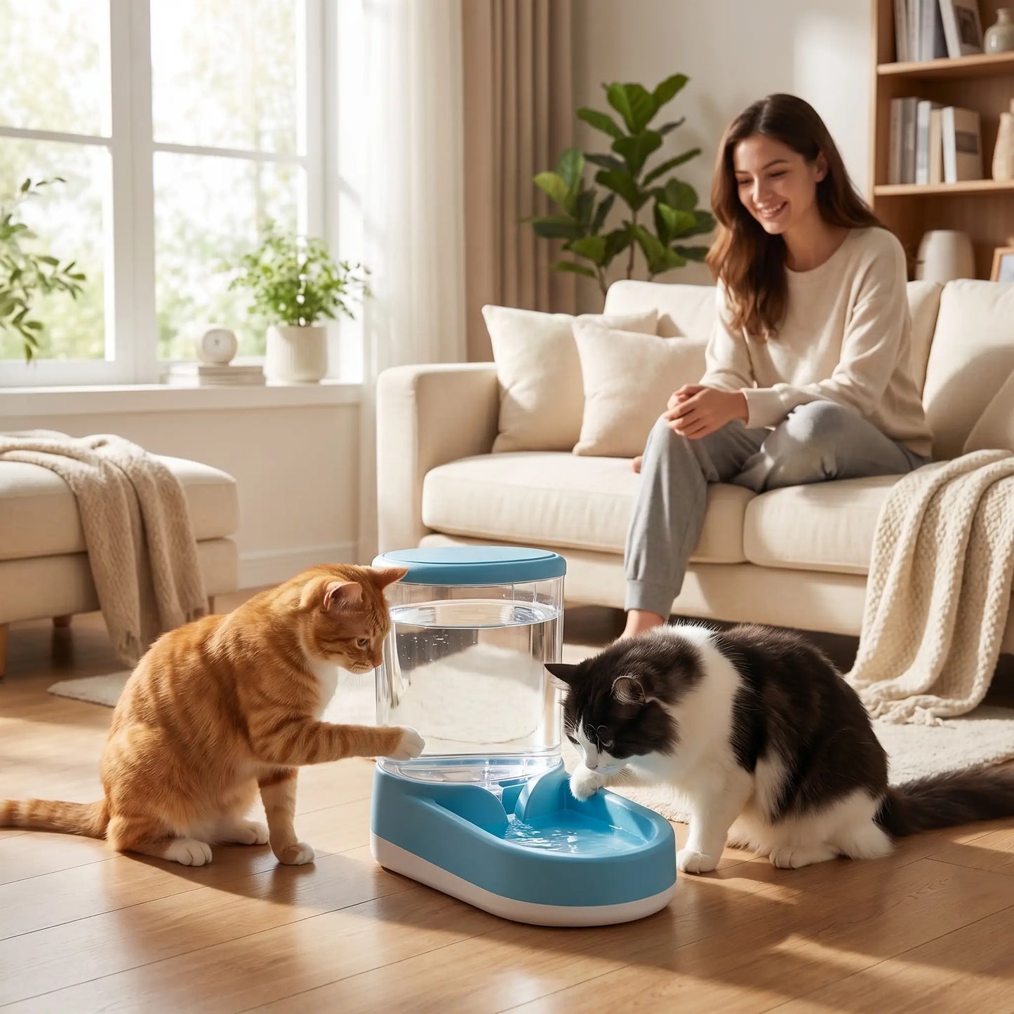 deux chats curieux devant distributeur eau chat
